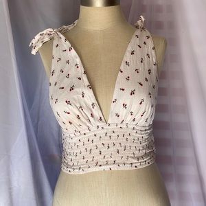 Sexy White and Floral Print Deep V Tank Top